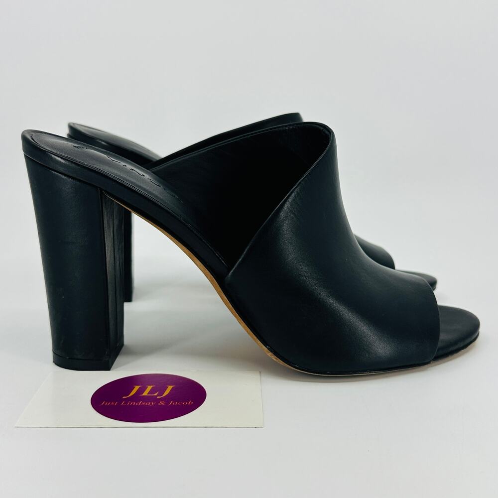 Vince Women's Hanna Black Leather Block-Heel Peep Toe Slip On Mules Size 6.5
